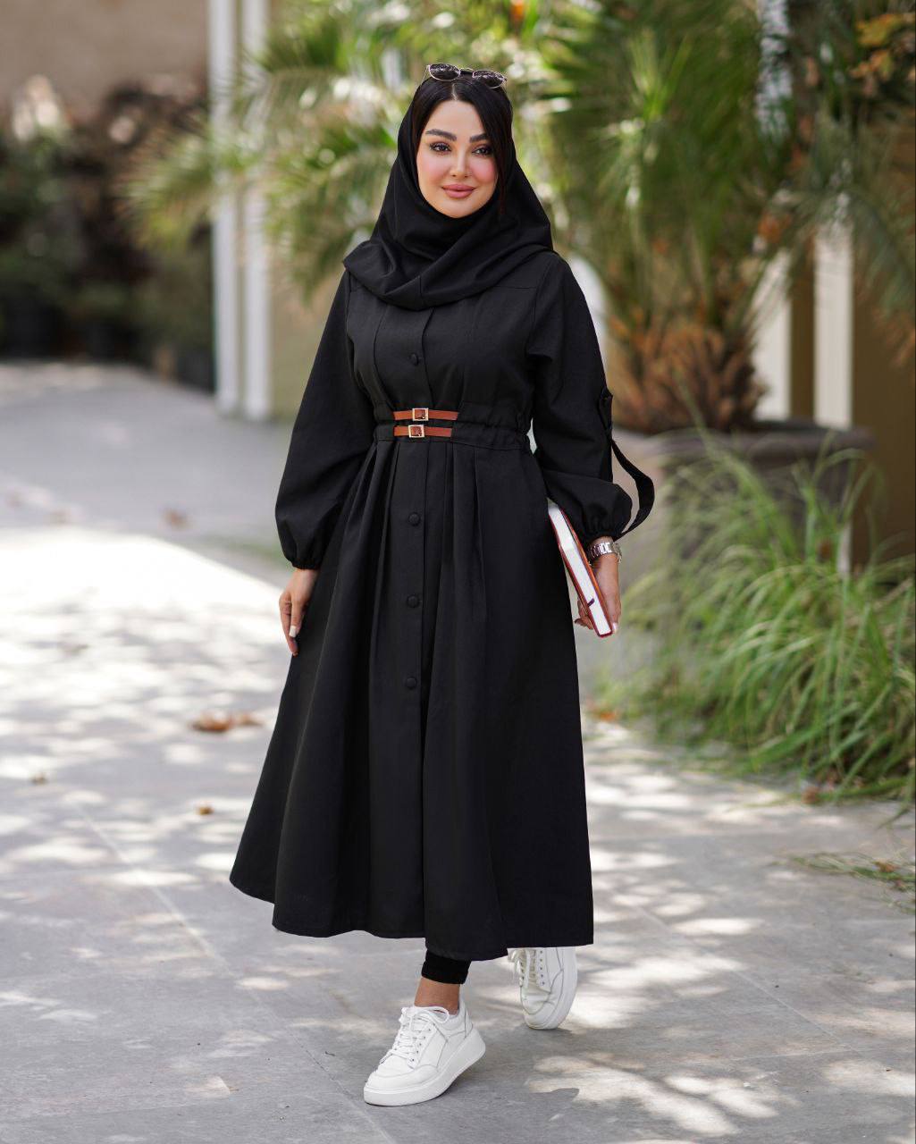 مانتو دانشجویی بلند دو کمربندی زنانه مدل کمند کد ۱۵۳