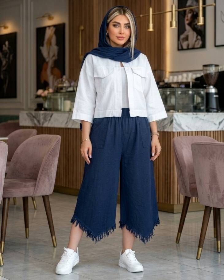 ست سه تکه زنانه کراپ شلوار شال الیاف طبیعی کد 3282